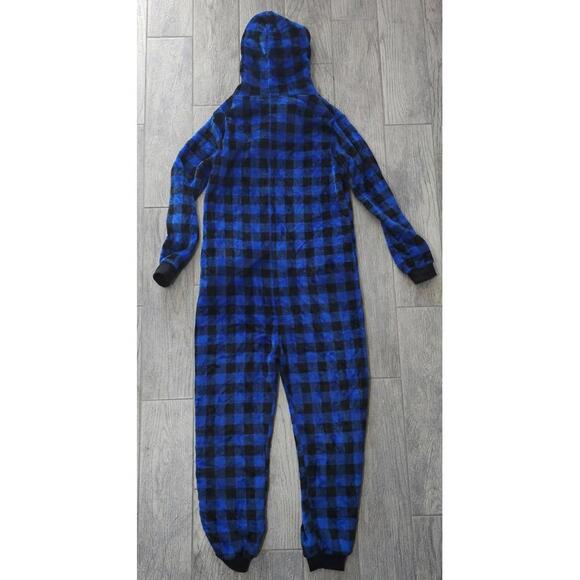 Women's Giggling Getup One Piece Pajamas Hooded Buffalo Plaid Blue Size Medium - Picture 5 of 8